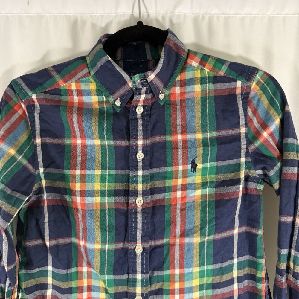 Ralph Lauren Dress Shirt Boys Medium 10-12 Blue Green Plaid Long Sleeve Cotton - Picture 2 of 9